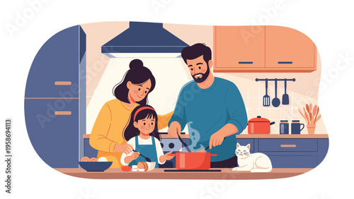 Happy family including a mother father and daughter cooking a healthy meal together in a modern home kitchen.