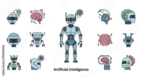 Artificial Intelligence Robots and Brain Icons Set