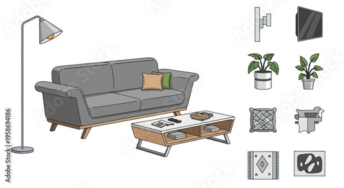 Modern Living Room Furniture Set: Sofa, Coffee Table, Lamp, TV, Plants & Rug Icons