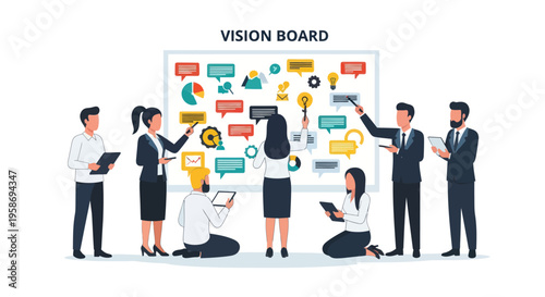 Business Team Collaborating on Vision Board with Ideas and Goals