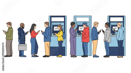 Line of diverse people waiting to use ATM banking machines while engaged with their smartphones in a public space.