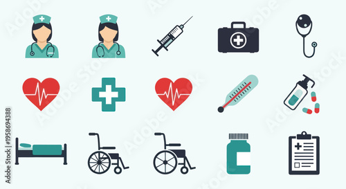 Medical Icons Set: Healthcare Symbols, Nurse, Syringe, Stethoscope, Heartbeat, Cross
