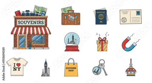 Travel Souvenirs Collection: Shop, Luggage, Passport, Gifts, Magnets, T-Shirt, City Icons