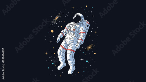 Brave astronaut floating in the vast darkness of outer space surrounded by distant galaxies stars and nebulae.