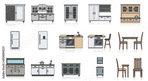 Modern Kitchen Furniture Collection Set Vector Icons, Flat Design