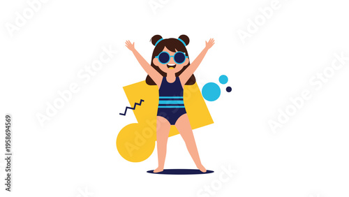 Joyful young girl wearing a blue swimsuit and sunglasses cheering with her arms up against colorful abstract shapes.