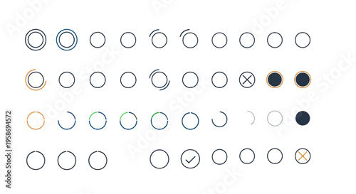 Abstract Geometric Shapes: Circles, Checkmarks, and X Marks on White Background