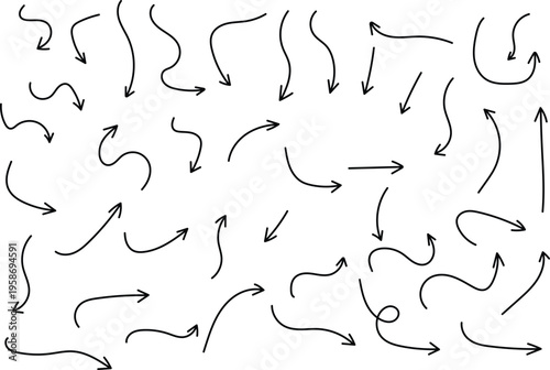 Doodles Black Arrow Set. Hand-drawn Black Arrow Collection With Wavy, Zigzag, Curved, Looped, And Straight Designs. Creative, Business Design. Vector Illustration
