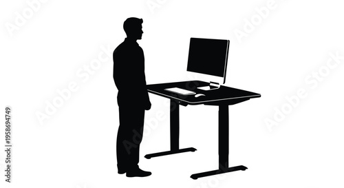 Standing desk, office worker, ergonomic workstation, black silhouette