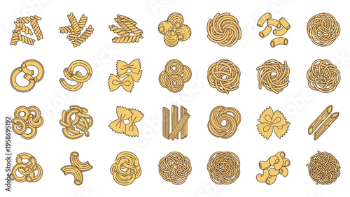 Large variety of pasta shapes and types including fusilli penne farfalle and spaghetti illustrated in a detailed set.