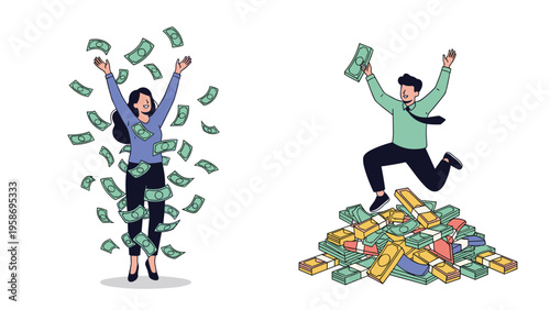 Happy young woman throwing cash in the air while a cheerful businessman jumps with excitement on top of a huge pile of money.