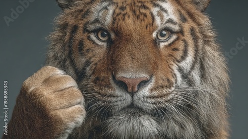 Tiger facing the camera and holding up a paw.