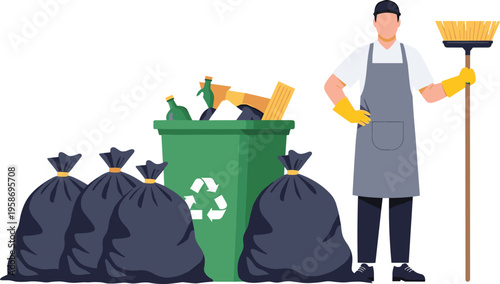 Garbage collector with trash bags and recycling bin, illustrating waste management, sanitation work, environmental cleaning, recycling process, and public service concept