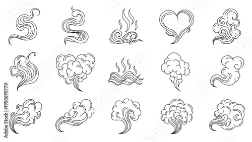 Creative collection of hand drawn smoke, steam, and cloud shapes in various styles including hearts and swirling vapor trails on white.