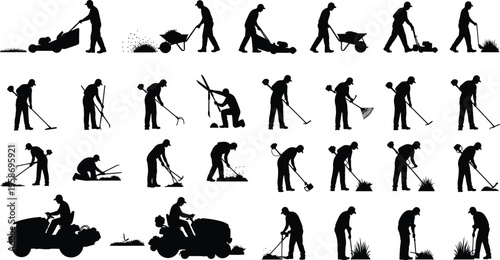 Gardening workers silhouettes lawn mowing landscaping cleaning tools outdoor maintenance vector isolated black garden work illustration set design