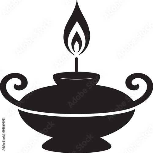 Illustration of a black oil lamp with a flame on a white background in a simple graphic style