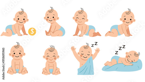 Adorable set of cartoon baby characters in various poses such as crawling, sitting, sleeping, and waking up with cute expressions.