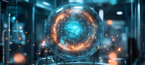 Glowing glass sphere with vibrant blue and orange lights on display
