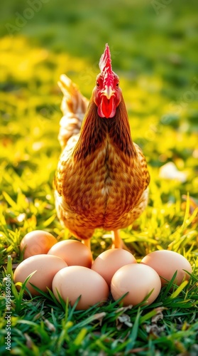 A close-up of a brown hen guarding its fresh eggs on sunlit green grass.