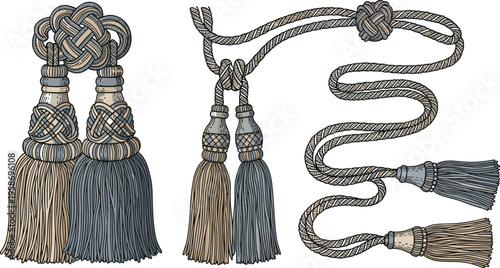 Luxury Decorative Silk Tassels and Intricate Braided Rope Tiebacks Vector Illustration Set for Elegant Home Interior Window Treatments Isolated on White Background