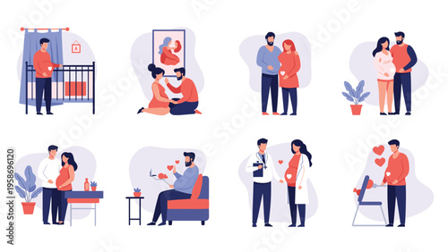 Heartfelt scenes of pregnancy journey featuring couples, expectant mothers, and medical consultations for prenatal care and health.