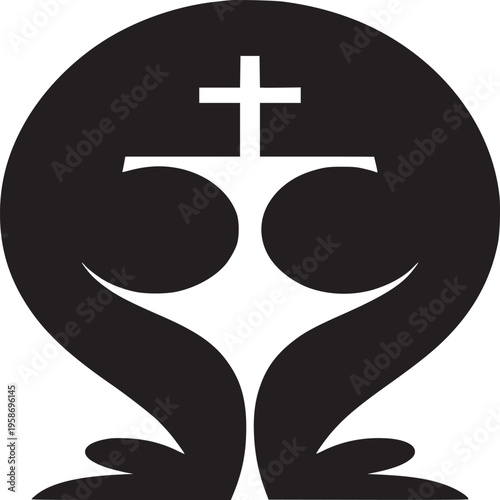A stylized black and white image featuring a cross above a unique symbol on a white background