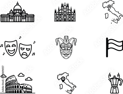 Italian travel and culture icons and symbols in black and white