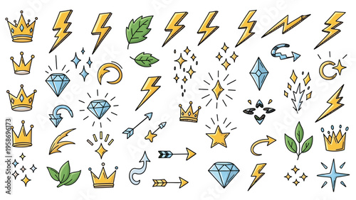 Playful collection of hand drawn doodle icons including crowns, lightning bolts, diamonds, arrows, and stars for creative decorations.