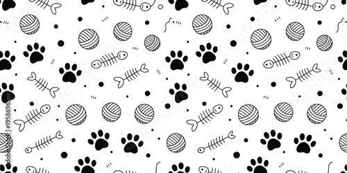 Cat Toy Seamless Pattern, Hand Drawn Doodle Kitty Elements Featuring Fish Bone, Paw Footprints and Pet Toys, Cute Sketch Veterinary Background for Fabric, Packaging, Wallpaper and Pet Design