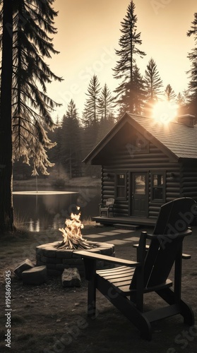 Warm light illuminates a lakeside cabin with a glowing campfire and pine trees.