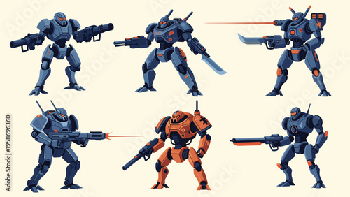 Powerful mecha robot warriors designed in a pixel art style equipped with futuristic laser weapons and heavy armor for battle.