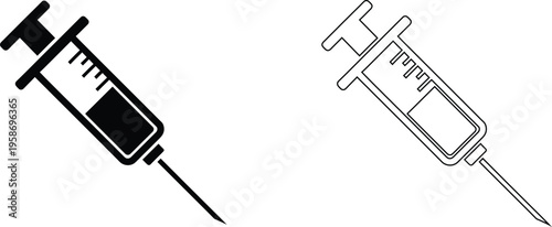 Medical syringe vector icons, black silhouette and outline hypodermic needle symbols, vaccination and injection equipment for healthcare design
