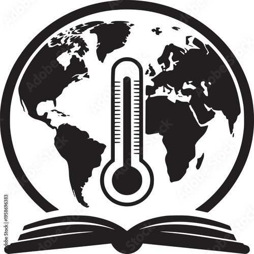 Black and white graphic of a globe with a thermometer over an open book in a circular border
