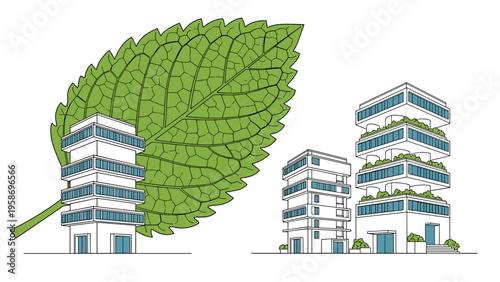 Concept of sustainable urban architecture featuring modern eco friendly buildings with green plants and a giant leaf background.