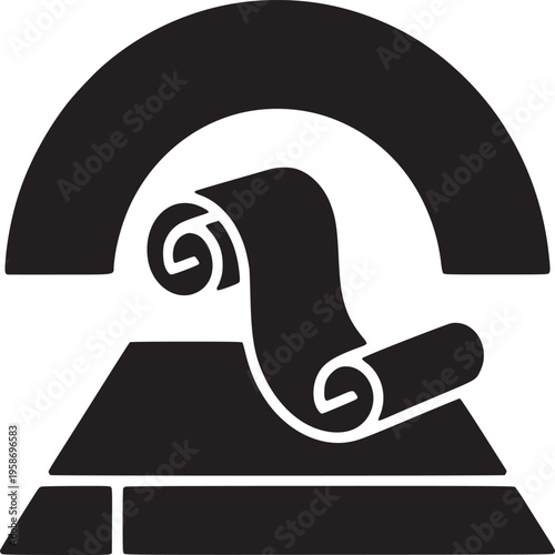 A black and white graphic of a scroll on a pedestal under an archway in a minimalist design