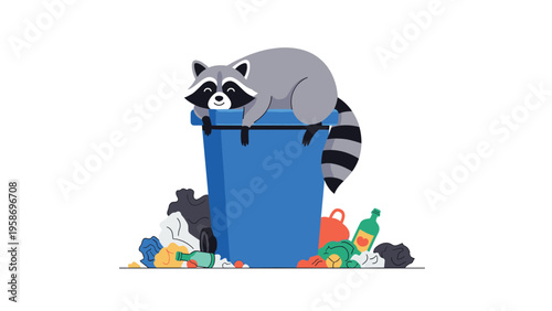 Funny illustration of a sleepy raccoon resting comfortably on top of a blue trash bin surrounded by various pieces of garbage.