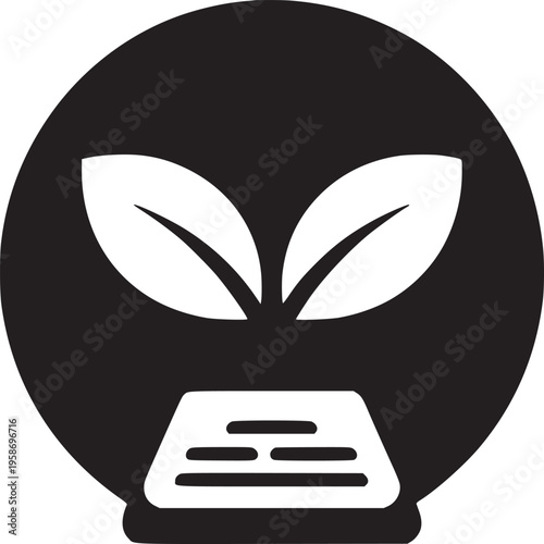 A black and white logo of two leaves inside a circle above a rectangular base with horizontal lines