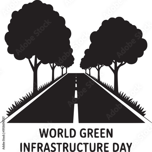 A black and white illustration of a road with trees for world green infrastructure day banner art