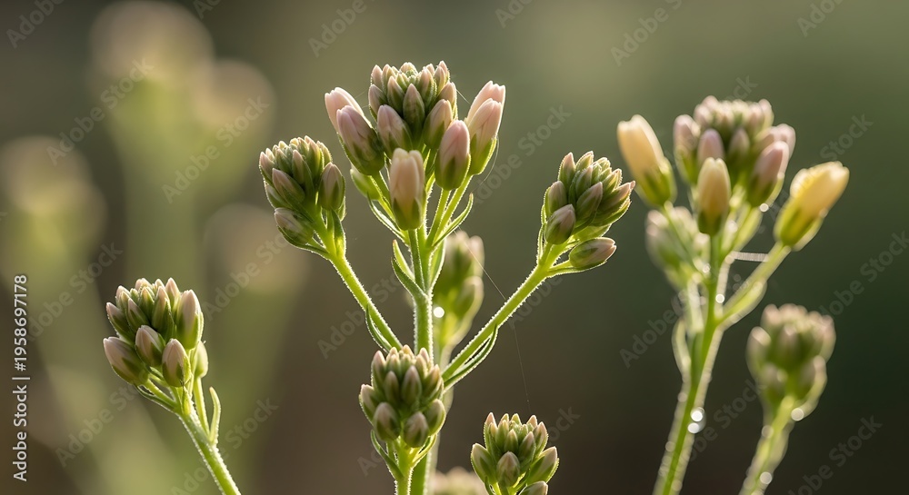 Fototapeta premium Close up of delicate small flower buds on a succulent plant backlit by soft golden sunlight