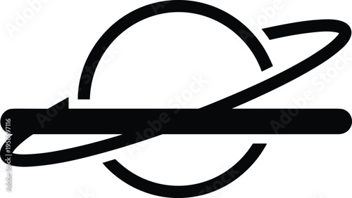 Minimalist black and white line art icon of Saturn planet with rings for outer space science astronomy and futuristic design