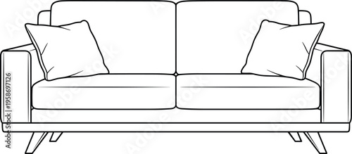 Minimalist sofa icon vector illustration of a modern couch with pillows for living room furniture interior design and home decor branding
