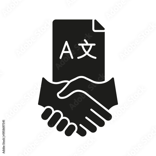 Handshake With Language Document Solid Icon. Multilingual Agreement And Translation Services Silhouette Symbol. Cross-Cultural Communication. Isolated Vector Illustration