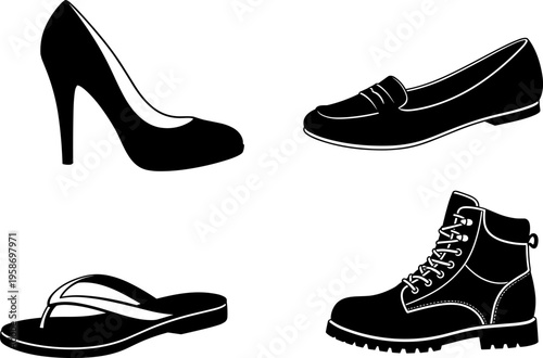 Set of black silhouette footwear icons featuring high heel pump, classic loafer, casual flip flop, and rugged work boot isolated on white background for design