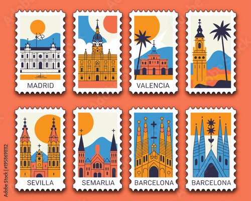 Spain travel stamps illustration set, Madrid Valencia Barcelona Sevilla Ibiza Mallorca Islas Canarias Lanzarote destination badges and tourism icons.