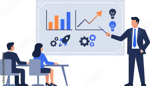 Business professionals discussing growth strategy with charts and graphs