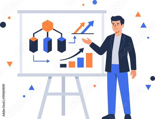 Businessman presenting data analysis on whiteboard with graphs