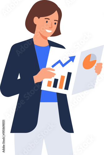 Confident businesswoman presenting charts and graphs in modern style
