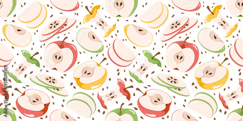 Seamless pattern with colorful sliced apples and seeds. Fruit vector illustration