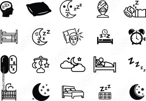 Sleep and rest icons with various symbols and objects