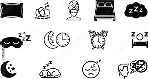Sleep and rest icons with zzz symbols and clocks and beds and pillows and animals and faces  sleep and rest concept